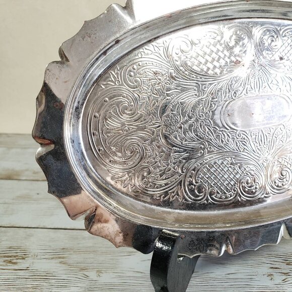 Vanity Tray Small Oval Silver Plated Copper Chased Floral Scroll Design 9.5” - Picture 2 of 10